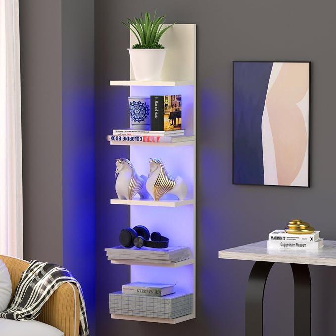VIWODS 5-Tier Wall Shelf Unit with RGB Light, Floating Lack Shelf for Wall Storage, Wall Mounted Vertical Display Shelf for Bedroom Living Room Vanity, White