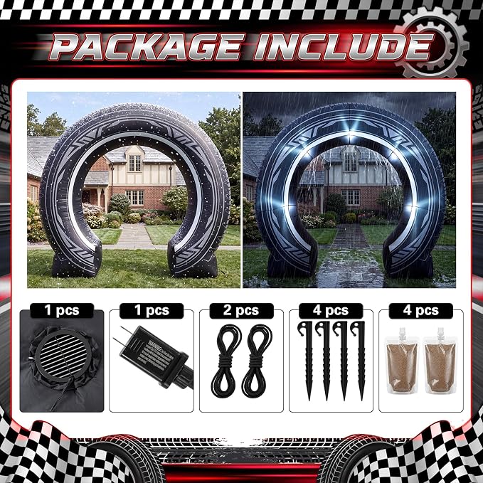 Seenelling 9 ft Racing Car Theme Giant Inflatable Archway Decoration Black Tire Design Arch Built-in LED Lights for Car Shows Party Events Photography Indoor Outdoor Supplies