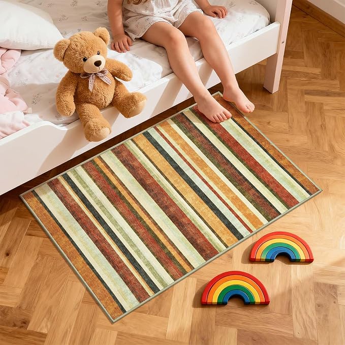 jinchan 2x3 Striped Rug for Entryway Washable Kitchen Rug Small Mat Non Slip Indoor Doormat Lightweight Low-Profile Decor Throw Carpet for Entrance Bathroom Laundry Room, Caramel Dusk