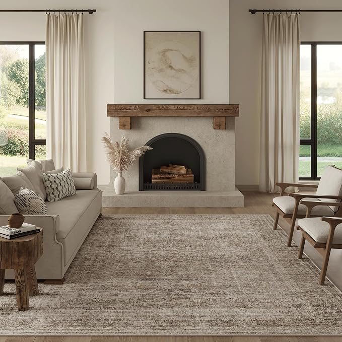 FMFUNCTEX 8x10 Washable Area Rug Vintage Neutral Distressed Large Taupe Non Slip Carpet for Living Room Bedroom Soft Low Pile Indoor Mat Retro Floral Throw Rug for Dining Room Kitchen Office Nursery