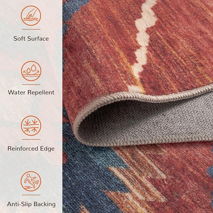 BESTSWEETIE Area Rug 8x8 Rug Machine Washable Non-Slip Low Pile Print Pattern Western Rug for Living Room Bedroom Entryway Tribal Series -Red/Orange
