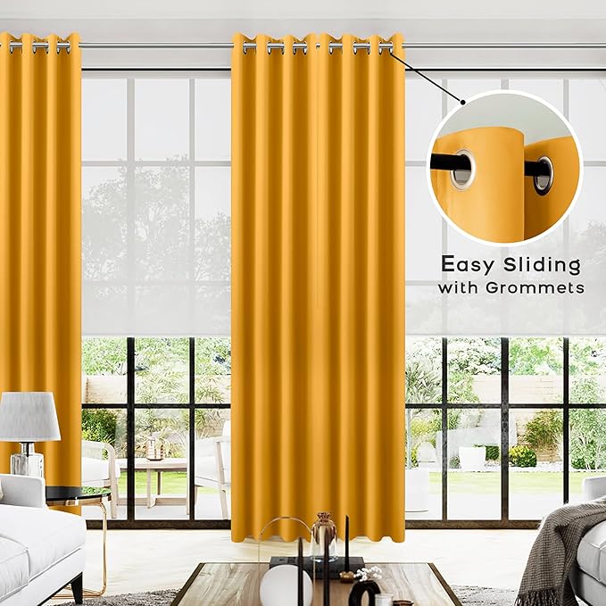 KOUFALL 108 Inch 9FT Room Darkening Curtains, Grommet Drapes for Living Room Bedroom, 2 Panels Set, 9 FT Length 52'' W x 108'' L Inches, Mustard Yellow