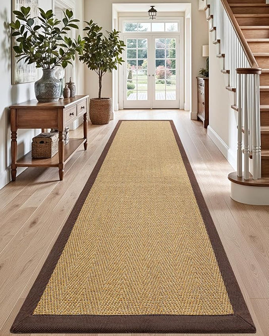 DEXI Jute Hallway Runner Rug 2x7, Woven Braided Natural Fiber Non Slip Runner Inside, Farmhouse Runners Carpet Indoor for Entryway Kitchen Luandry, Natural/Brown