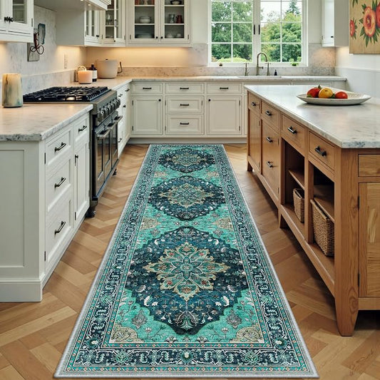 RELEANY Area Rugs Runner 2'x7' Washable Non-Slip, Floral Vintage Distress Medallion Carpet for Kitchen Hallway Bedroom Beside Laundry Room Bathroom, Teal Green Lake Blue Turquoise