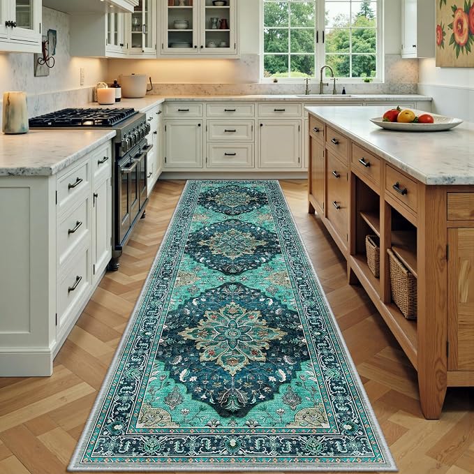 RELEANY Area Rugs Runner 3'x9' Washable Non-Slip, Floral Vintage Distress Medallion Carpet for Kitchen Hallway Bedroom Beside Laundry Room Bathroom, Teal Green Lake Blue Turquoise