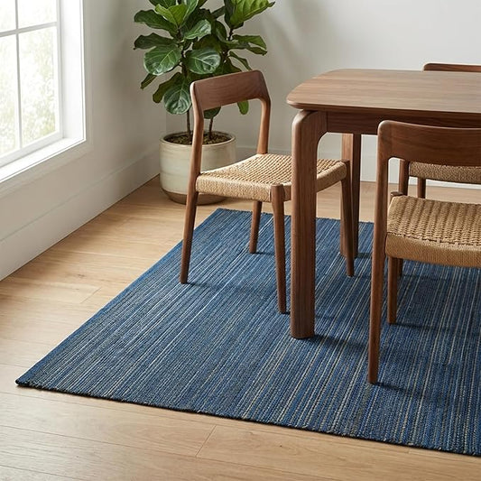 Fab Habitat Area Rug - Hand Woven, Stain Resistant, Pet Friendly - Premium Recycled Polyester Yarn & Reclaimed Rubber - Stripes - Bedroom, Living Room - Kismet - Indigo - 4 x 6 ft