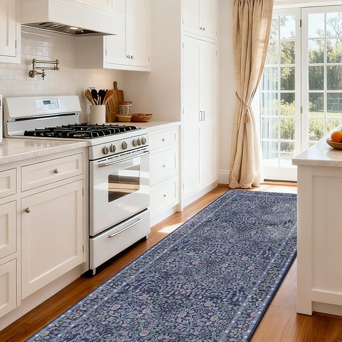 Washable 2'6" x 8' Runners for Hallways, Non Slip Long Floor Runner for Kitchen, Entryway Indoor, Stain Resistant Rubber Backing Floral Decor Rug (Blue)