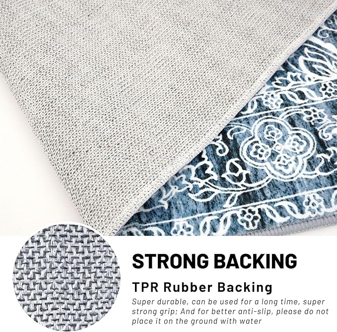 KUTA Extra Long Runners for Hallways 2.6x20ft Non-Slip Washable, Blue White Vintage Kitchen Rug, Stair Runners Indoor Ultra Soft Printed Floral Medallion Carpet for Bedroom Living Room Nursery