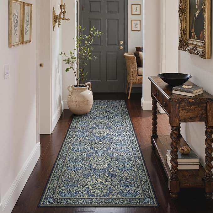 GENIMO 2x8 Washable Runner Rug, Non Slip Hallway Mat, Dark Blue | Vintage Boho Floral Low Pile Thin Mat for Entryway, Kitchen, Bedroom, Indoor Decor