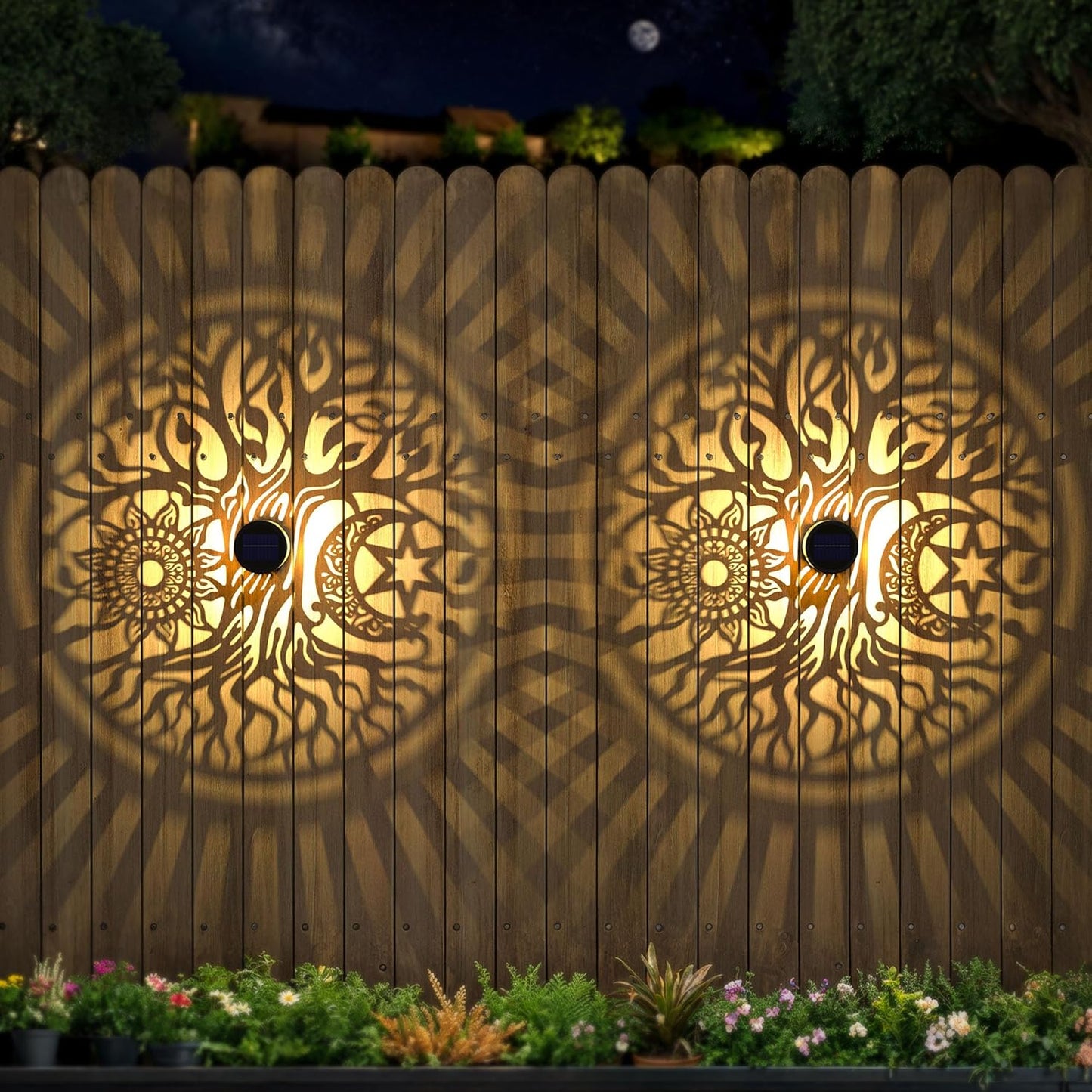 4 Pack Large Solar Fence Lights Metal Solar Powered Outdoor Wall Deck Step Lights Tree Theme Waterproof Fence Light for Garden Post Patio Backyard Yard Decor, Gardening Gifts for Women Mom Grandma