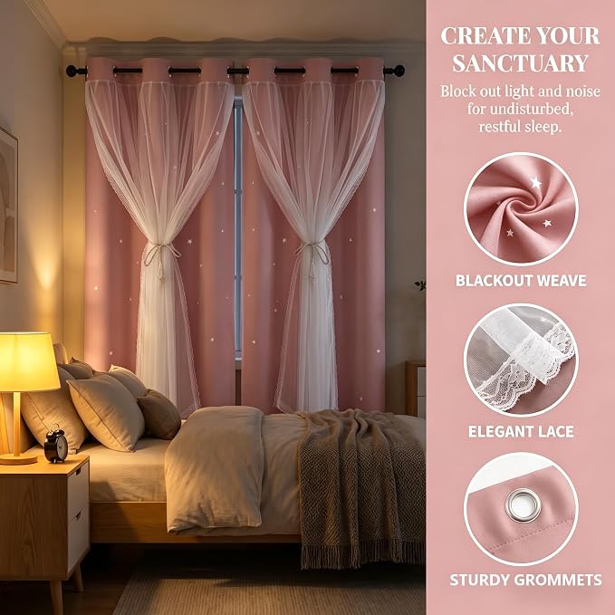 Princess Curtains for Girls Bedroom with Sheer Overlay,Double Layer Curtain for Living Room with Star Cutout, Curtains for Kids Room (52 W*72 L Inches,2 Pcs Pink)