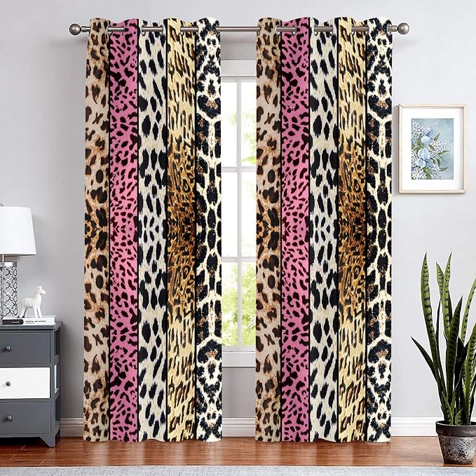 Wild Animal Print Curtain, Room Darkening Thermal Insulated Blackout Leopard Boa Window Drapes with Grommets for Living, Dining, Bedroom, Pink Leopard Print, 42"x 84", 2 Panels