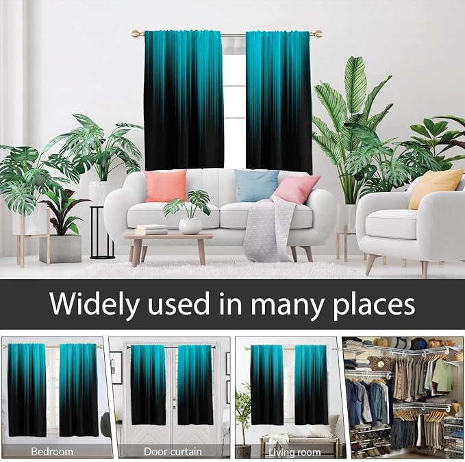 AAtter Teal and Black Window Curtains, Ombre Wide 52" W x 63" L, 2 Panels | Turquoise Modern Rod Pocket Drapes, Abstract Striped Style, Dark Aqua Design, Anime Living Dining Room Decor for Men