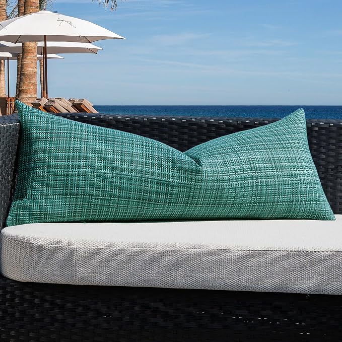 Kevin Textile Outdoor Waterproof Throw Pillow Covers 14x36 Inch Pack of 1 Woven Faux Linen Decorative Water Resistant Long Body Lumbar Cushion Covers for Tent Patio Garden Couch Sofa Teal