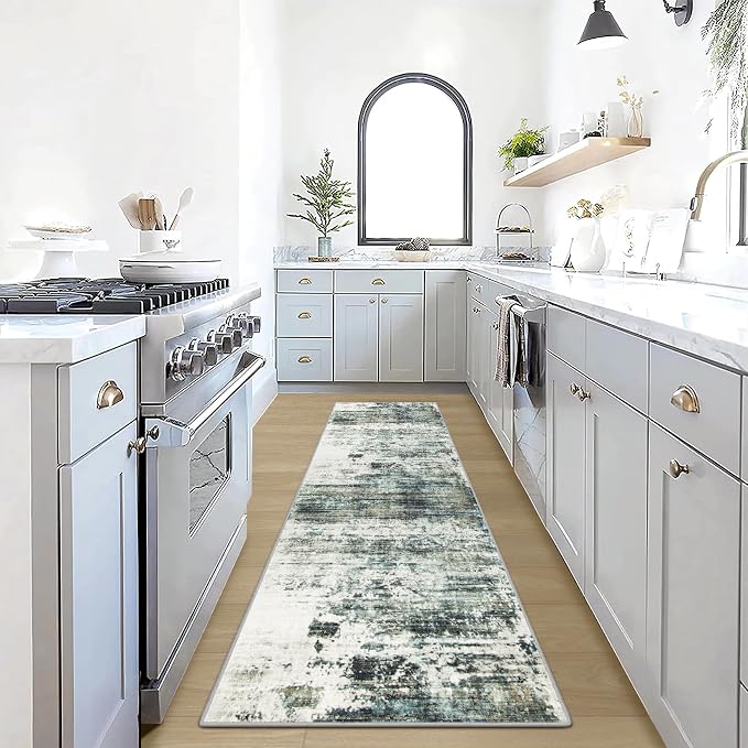 2'6''x8' Runner Rugs Washable Rug: Modern Abstract Hallway Runner Rug Indoor Soft Low Pile Thin Carpet Anti-Skid Non-Shedding Carpets for Kitchen, Entryway, Laundry, Bedroom - Green Multi