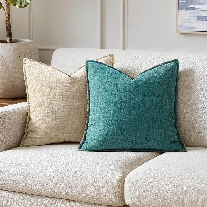 MIULEE Pack of 2 Couch Throw Pillow Covers 22x22 Inch Teal Farmhouse Decorative Pillow Covers with Stitched Edge Soft Chenille Solid Dyed Summer Pillow Covers for Sofa Bed Living Room