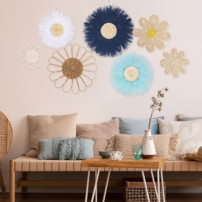 Chunful 7 Pcs Boho Wall Basket Decor Rattan Flower Wall Decor Nursery Daisy Flower Woven Macrame Hanging Flowers for Baby Kids Girls Farmhouse Bedrooms Living Rooms Kitchen Home(Blue)