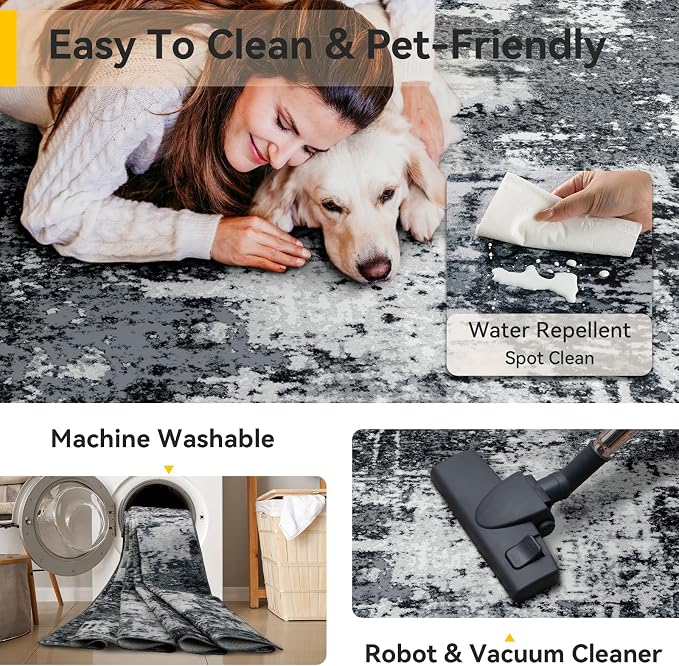 RELEANY Washable Area Rugs 3x6 Non-Slip Modern Abstract Soft for Living Room Entryway Bedroom Kitchen, Print Pattern, Black Navy Blue Gray