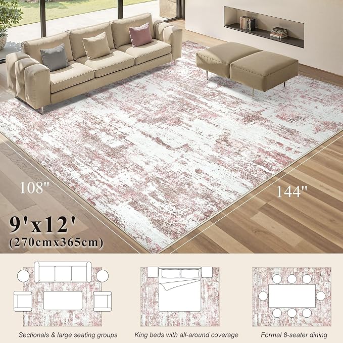 9x12 Area Rugs for Living Room - Washable Living Room Rug 9x12, Large Abstract Modern Neutral Soft Carpet with Non-Slip Backing, Stain Resistant for Bedroom Dining Indoor Decor (Pink)