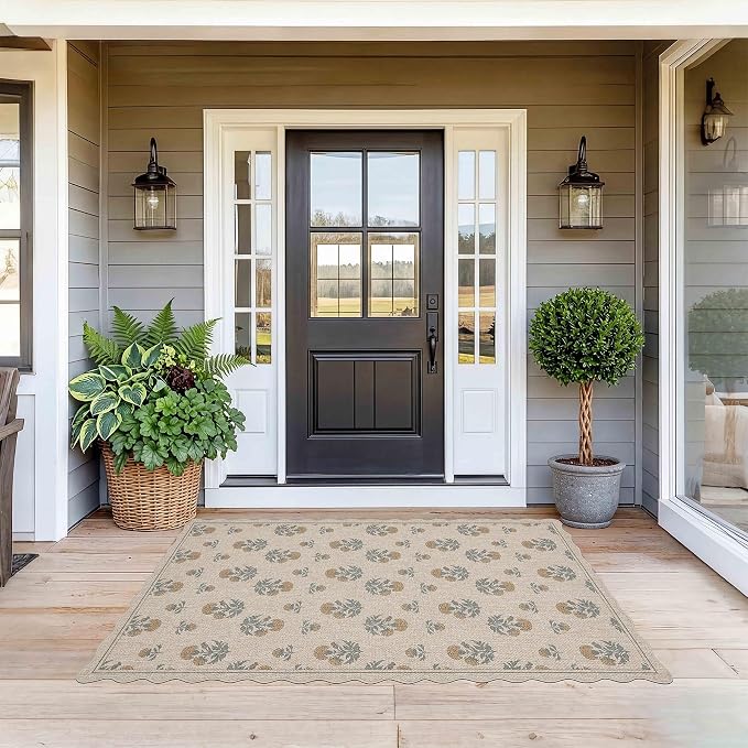 ORTIGIA Scalloped Easy Jute 3x5 Area Rug Vintage Yellow Floral Farmhouse Washable Rug Non-Slip Indoor Outdoor Carpet for Living Room Bedroom Kitchen Patio Entryway