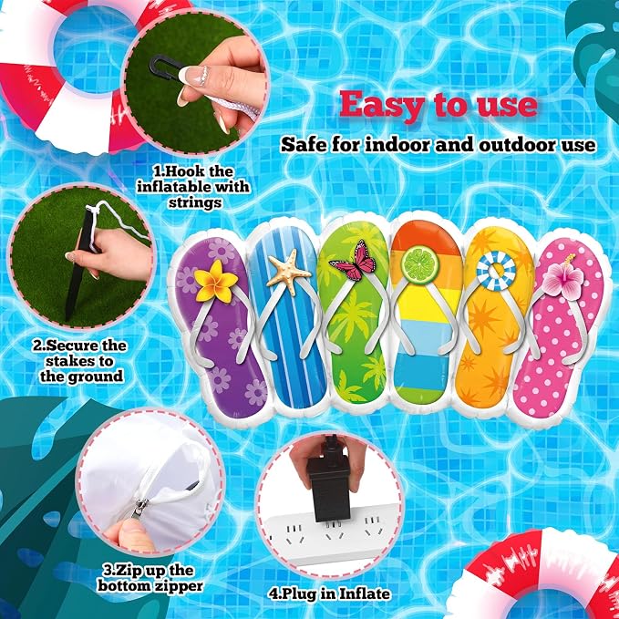 VIHOSE 5 FT Summer Inflatable Flip Flop Blow Up Slipper with Built in LED Lights Oversized Party Decoration for Pool Beach Lawn Yard Hawaiian Luau Tropical