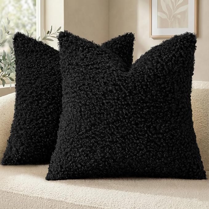 decorUhome Pack of 2 Throw Pillow Covers 24x24 Inch, Faux Fur Decorative Sherpa Pillow Covers Fuzzy Accent Soft Sheepskin Fleece Pillow Cases for Couch Living Room Bed, Black