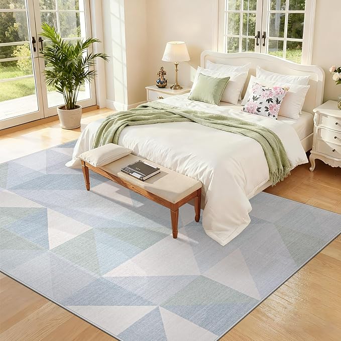 Washable Rug 5x7 Area Rugs: Modern Geometric Area Rug for Living Room Non-Slip Neutral Soft Carpet Low Pile Stain Resistant Indoor Rugs for Bedroom Nursery Dining Room Office (Light Blue, 5'X7')