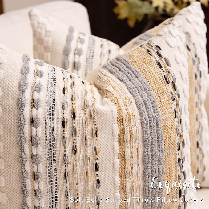 Boho Chenille Tufted Throw Pillow Covers 18x18 Inch Set of 2 Farmhouse Beige Woven Striped Decorative Pillowcases for Couch Sofa Bed