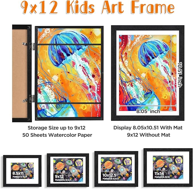 KINLINK 9x12 Kids Art Frame 2 Pack, Solid Wood Artwork Frames Changeable, Front Opening Hold 150 Pictures, Art Frames for Kids Artwork, 8.5x11 with Mat 9x12 without Mat, Picture Frames Black