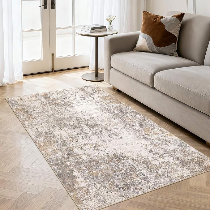 Area Rugs for Living Room: 3x5 Abstract Washable Rug Modern Neutral Large Soft Stain Resistant Non-Slip Backing Machine Table for Bedroom Dining Room Indoor Home Office Carpet - Brown Grey