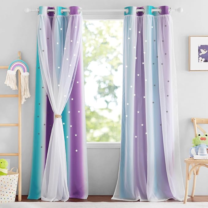 NICETOWN Star Cut-Out Blackout Curtains for Bedroom 2 Panels,2-Layers Mix Design of Fabric & Tulle, Kids Window Curtain for Nursery Living Room,W34 x L84, 2 Panels, Teal & Purple