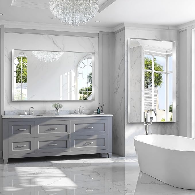 CIRCUMI Silver Bathroom Mirror, 36"x60" Rectangular Mirror with Deep Metal Frame, Brushed Finish, Tempered Glass, Large Mirror for Wall, Over 2 Sinks, Installed Vertically/Horizontally, Crystal-Clear