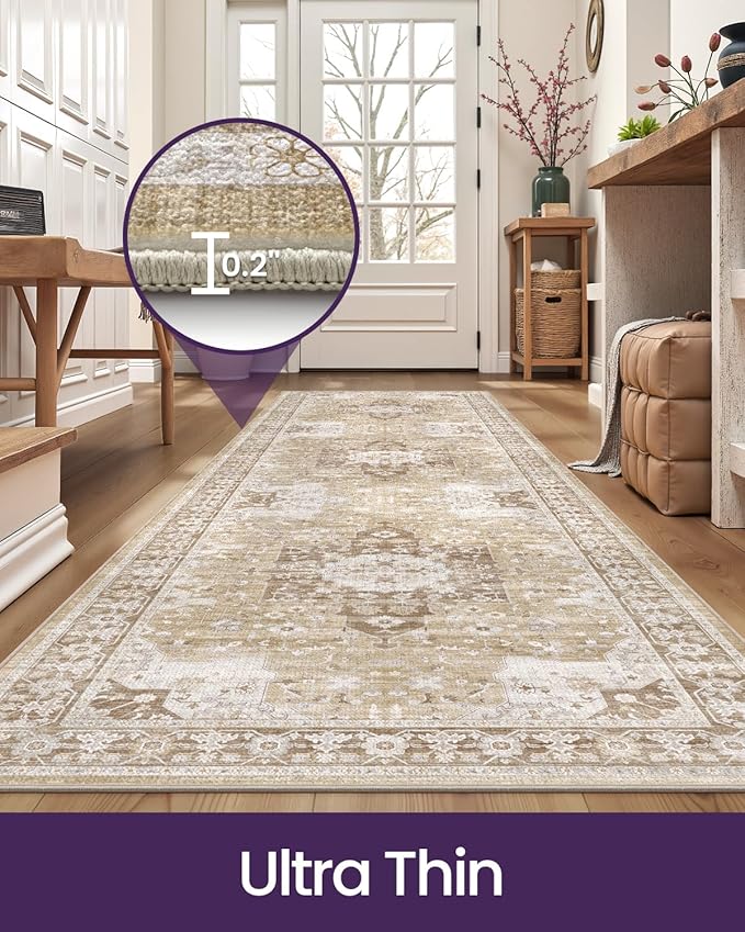 DEXI Hallway Washable Runner Rug 3x12, Vintage Soft Thin Kitchen Runner with Non Slip Backing, Farmhouse Entryway Floor Rug, Stain Resistant Distressed Carpet for Bedroom Living Room, Beige