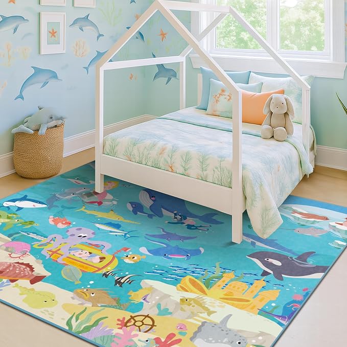 Large Blue Ocean Rug for Kids Room – 8x10 Area Rug with Mermaid & Fish, Washable Non Slip Fun Crawling Carpet for Classroom Elementory, Playroom or Beach Rugs for Bedroom