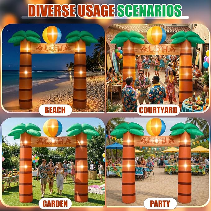 Jenaai 9.5 ft Giant Inflatable Palm Tree, LED Blow up Arch for Party, Luau Hawaiian Tropical Beach Party Decorations for Summer Pool Yard Garden Favors Supplies