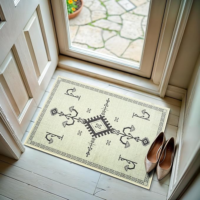 GLN Rugs Contemporary Collection - Machine Washable Area Rug, Contemporary Washable, Non Slip, Low Pile Chenille Rug, Living Room, Bedroom, Kitchen Rug (2' x 3' Cream/Anthracite)