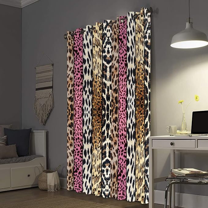 Wild Animal Print Curtain, Room Darkening Thermal Insulated Blackout Leopard Boa Window Drapes with Grommets for Living, Dining, Bedroom, Pink Leopard Print, 52"x 96", 2 Panels