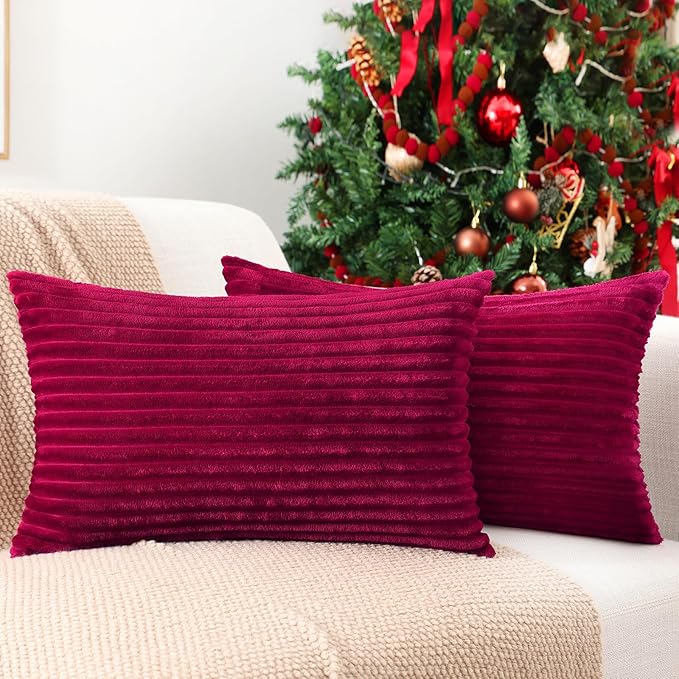 Simmore Decorative Fall Throw Pillow Covers 12x20 Set of 2, Soft Natural Plush Flannel Double-Sided Fluffy Rectangle Pillow Covers for Couch Sofa Living Room, Burgundy