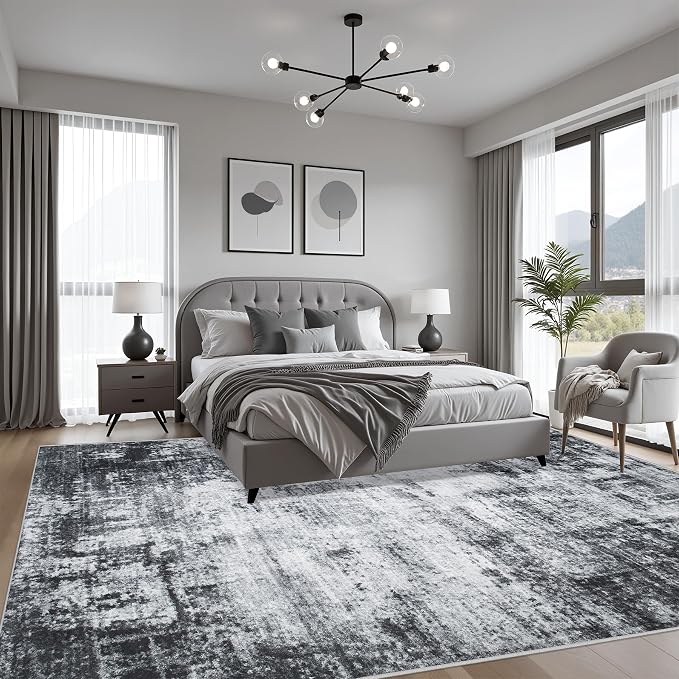 4x6 Area Rug Living Room Rug: Washable Modern Abstract Soft Thin Rug Indoor Floor No Slip Stain Resistant Carpet for Bedroom Dining Room Farmhouse Nursery Home Office - Dark-Black