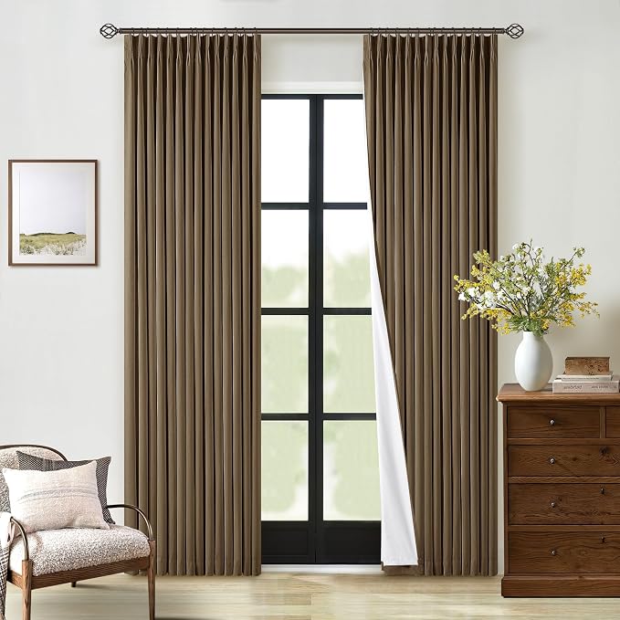 Dutch Cocoa Pinch Pleated Full Blackout Curtains Linen Blend Room Darkening Window Curtains 80 Inch for Living Room Bedroom Thermal Insulated Back Tab Pinch Pleat Drapes with Hooks Rings 2 Panels