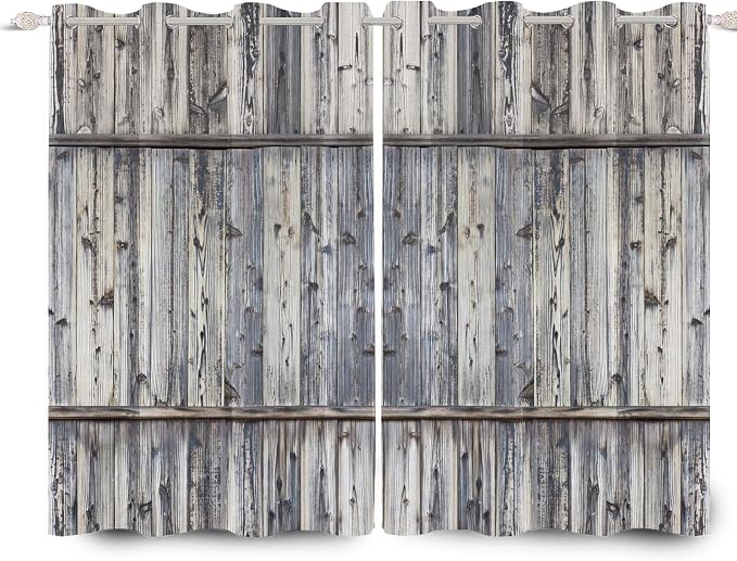 Wooden Barn Doors Kitchen Curtains,Wood Planks Rustic Farm Farmhouse Window Curtains Country Retro Western Vintage Grey Window Curtain Treatments Bedroom Living Room Decor,53x45 inch,2 Panels