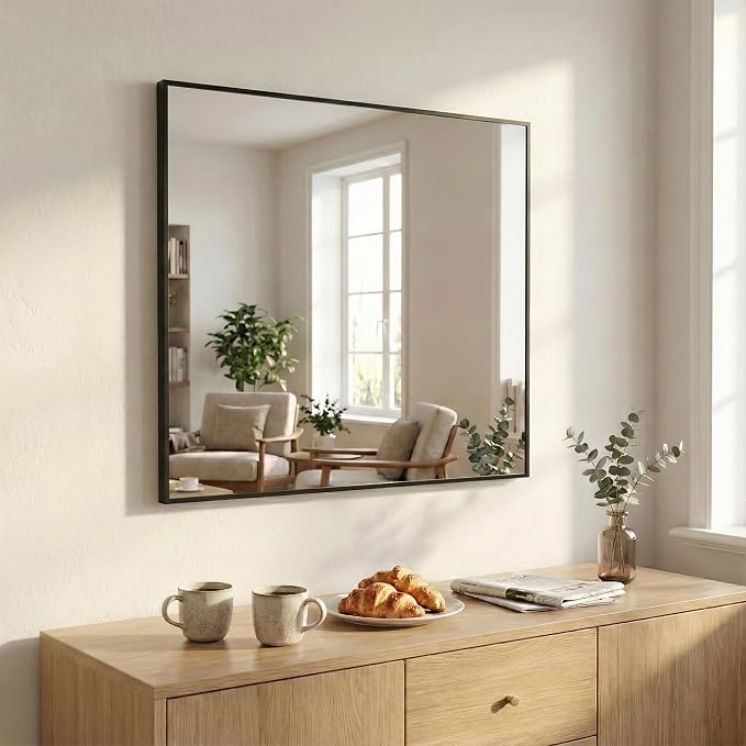 30"x30" Matte Black Framed Square Bathroom Vanity Wall Mirror | Accent Wall Mirror, Square Geometric Look, Slim Metal Frame, Living Room, Entryway, Keyhole Mount, Tempered Glass
