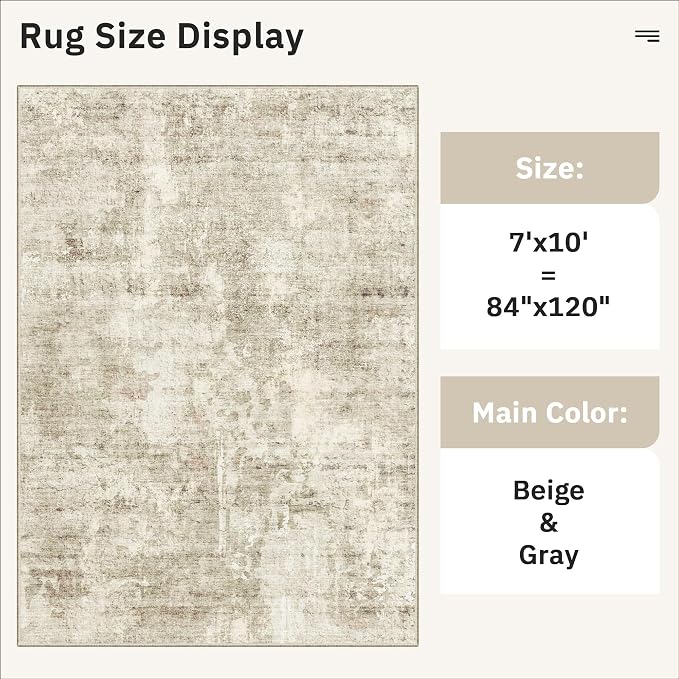 Soalmost 7x10 Area Rug for Living Room Washable Abstract Vintage Soft Thin Indoor Floor Non-Slip Carpet for Bedroom Dining Room Beige Gray