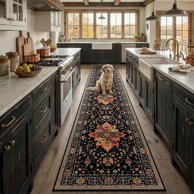 RELEANY Area Rugs Runner 2'6"x14' Washable Non-Slip, Floral Vintage Distress Medallion Carpet for Kitchen Hallway Bedroom Beside Laundry Room Bathroom, Black Colorful Floral Dark Tan