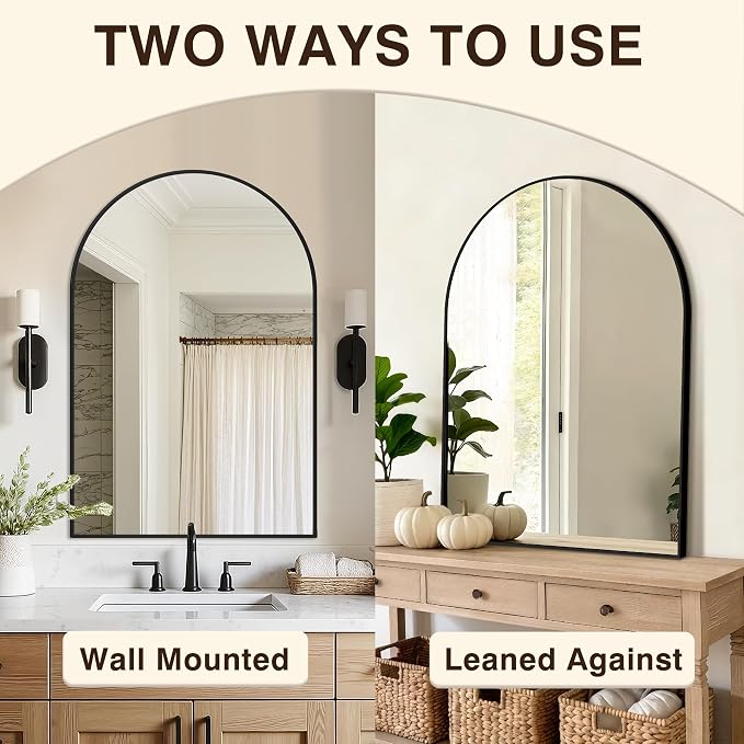 Vanity Bathroom Mirror for Wall, 2 Pack 36”x24” Arched Bathroom Mirror for Over Sink, Arched Metal Frame for Bedroom, Living Room, Entryway, Hanging or Leaning, Black