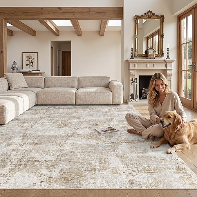 DEXI Washable Area Rug for Living Room 8x10, Modern Abstract Soft Indoor Large Rugs, Stain Resistant Low Pile Carpet with Non Slip Backing for Dining Bedroom Office, Khaki