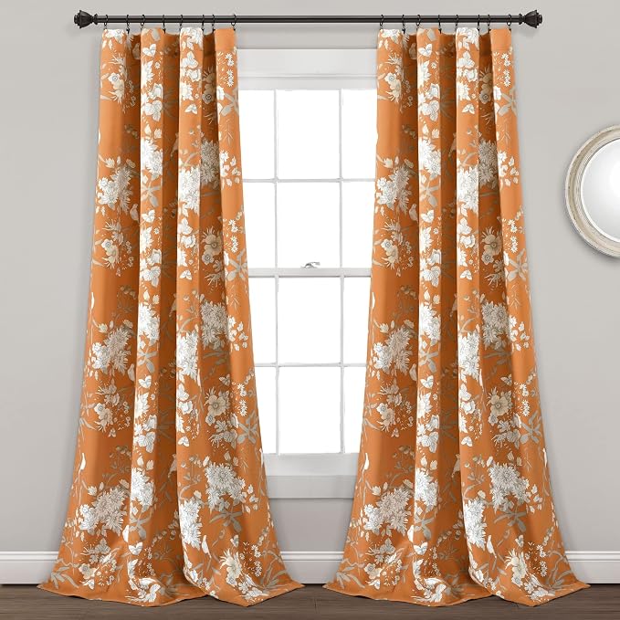 Lush Decor Botanical Garden Curtains Floral Bird Print Light Filtering Window Panel Drapes Set for Living, Dining, Bedroom (Pair), Navy, 52"W x 63L"
