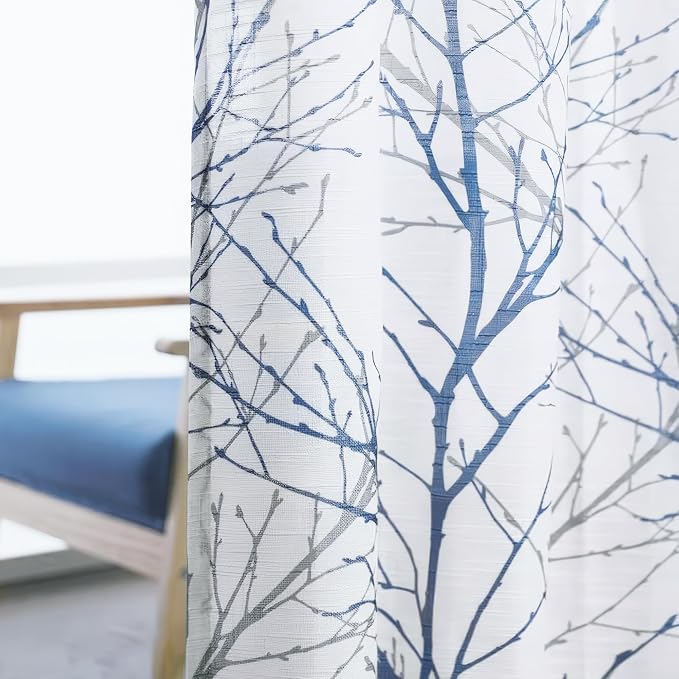 FMFUNCTEX Linen Semi Sheer Curtains for Bedroom, Blue White Curtains 63 Inches Long for Living Room, Grey Tree Branch Patterned Curtain Light Filtering Farmhouse Window Drapes, Grommet Top 2 Panels