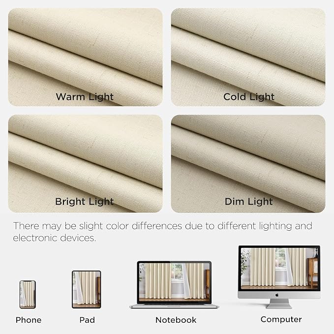 Joydeco 100% Blackout Pleated Curtains, Linen Window Curtains 2 Panel Sets 108 inches Long, Thermal Insulated Darkening Drapes for Bedroom(Bleached Sand,40'' Wx108'' L)