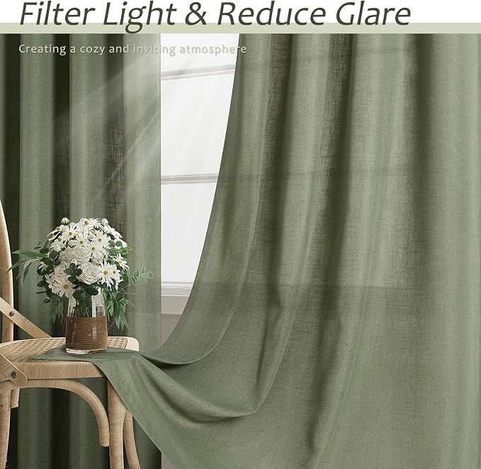 Linen Blend Green Curtains 84 Inches Long 2 Panels for Living Room Back Tab Pocket Light Filtering Sheer Privacy Olive Green Window Curtain Aesthetic Neutral Decor Muted Earthy Tone Drapery Bedroom